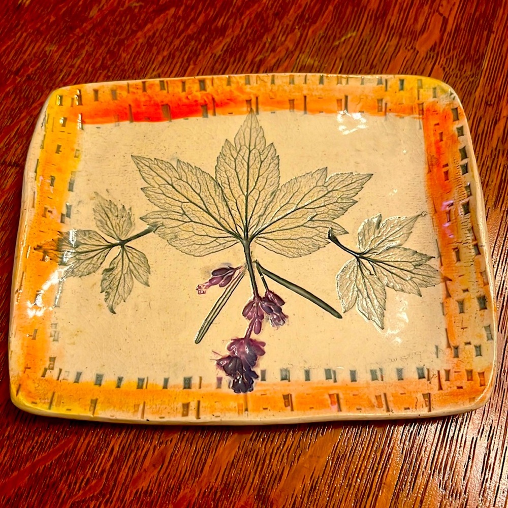 Handmade pottery small dish, leaves, fall, lavender, 2015 vintage